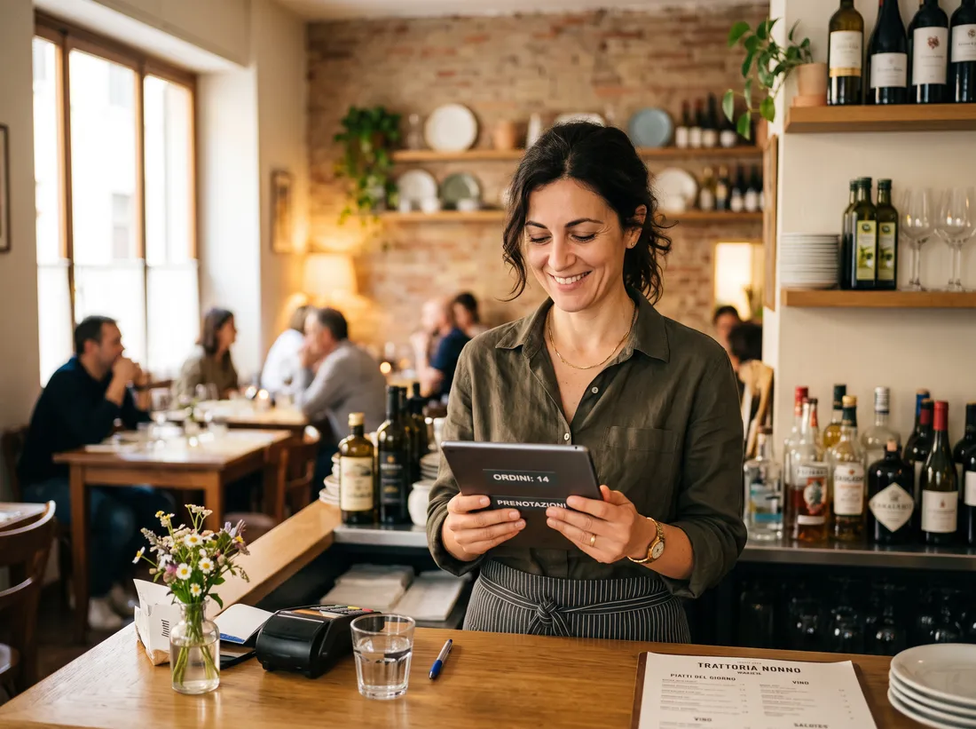 Titolare di ristorante sereno che controlla la sua attività da un tablet