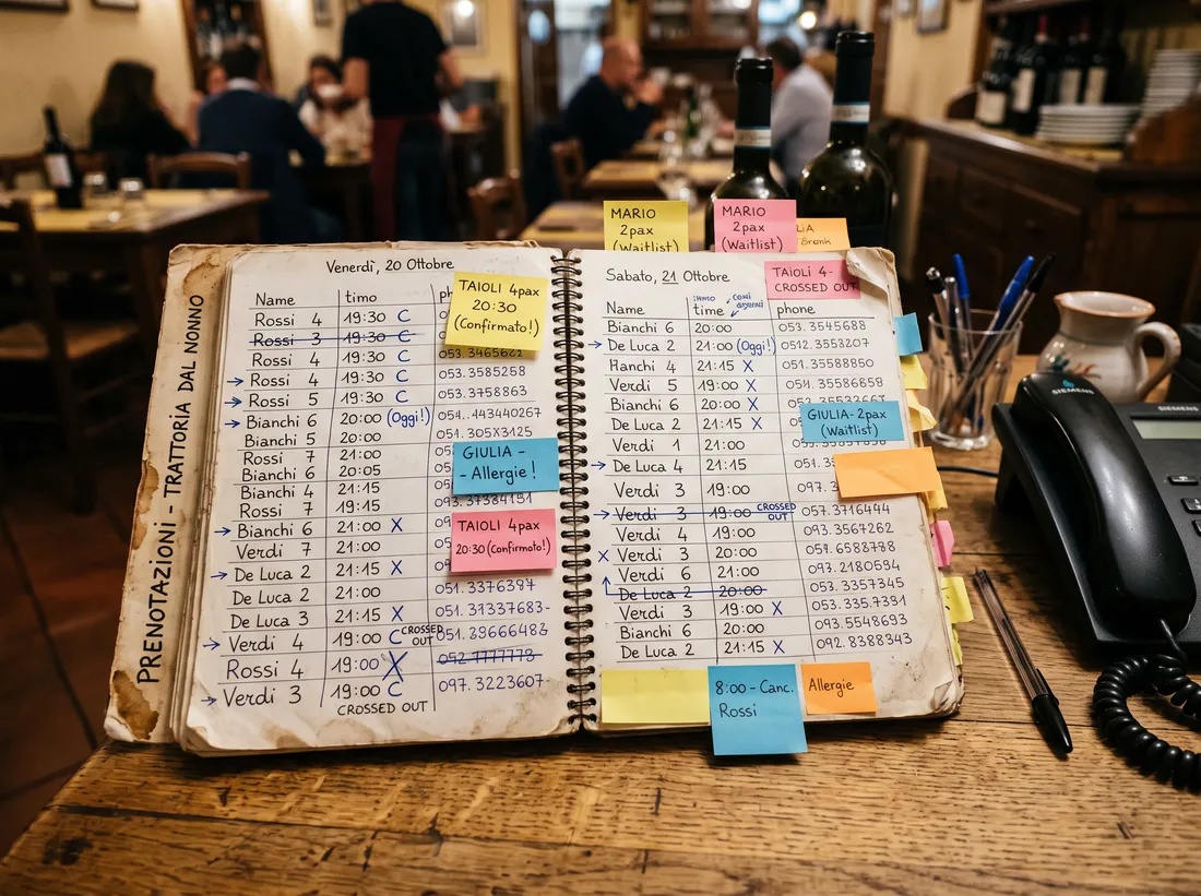 Quaderno cartaceo delle prenotazioni pieno di note cancellate e post-it