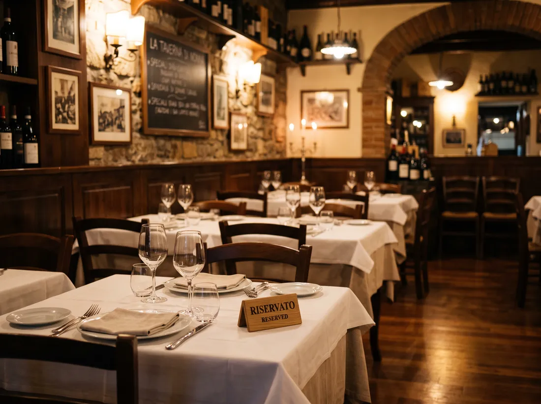 Tavoli di ristorante apparecchiati ma vuoti la sera